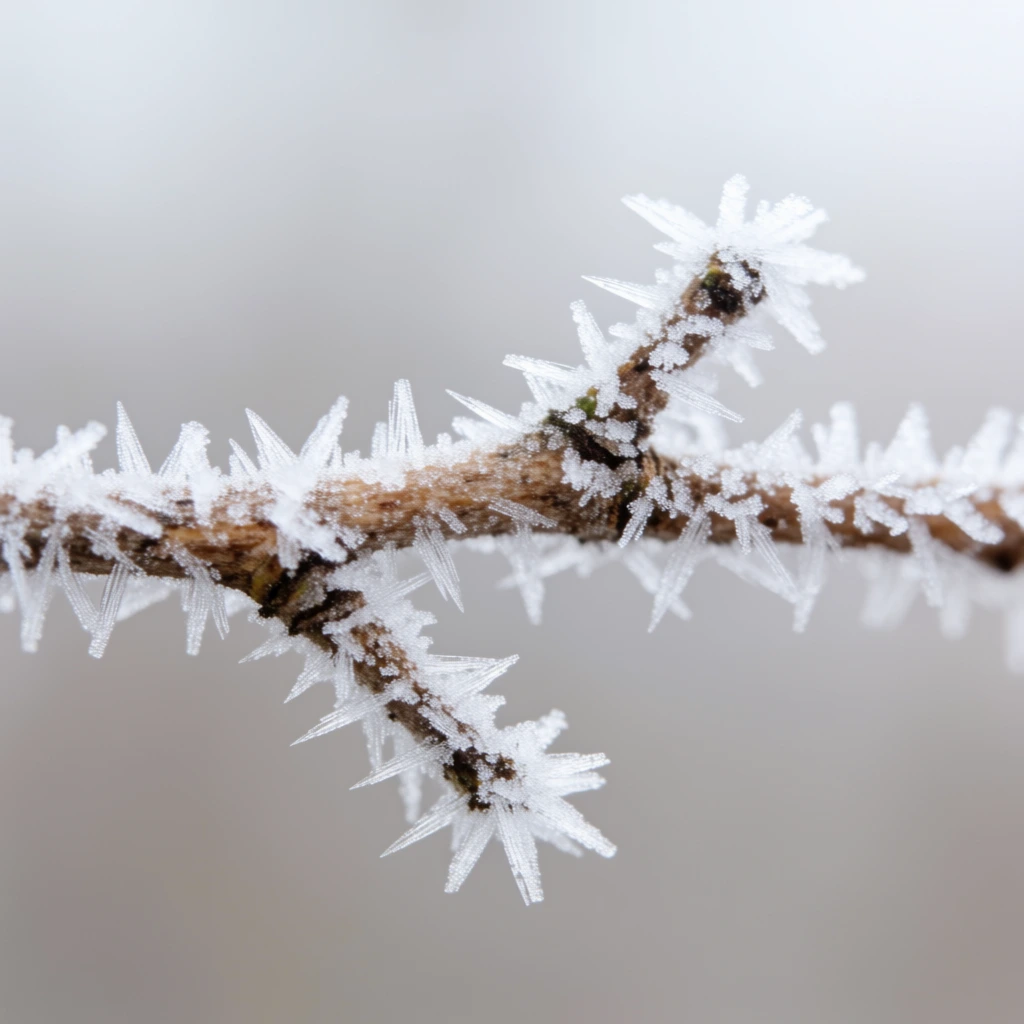 A slender brown twig densely encrusted with sharp, needle-like frost crystals stretches horizontally against a completely blurred, pale gray background in this extreme macro photograph. Small patches of textured brown bark remain visible beneath the intricate, thorn-like rime ice projecting outward in all directions. Two smaller offshoots fork diagonally from the main stem, equally coated in pristine white geometric ice structures. Soft, diffused natural lighting illuminates the delicate, crystalline spikes. A very shallow depth of field isolates these crisp winter details, creating a stark, minimalist composition focused entirely on the high-contrast textures of earthy wood and fragile, spiky frost.