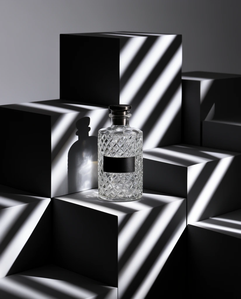 A cylindrical glass bottle with a diamond-faceted surface rests on a staggered arrangement of matte dark gray cubic pedestals. The clear vessel features a solid black rectangular label and a dark metallic stopper. Dramatic, high-contrast lighting casts sharp diagonal bands of brilliant light and deep shadow across the entire composition, wrapping over the geometric blocks and illuminating the glass. A crisp silhouette of the bottle projects onto the block directly behind it. The minimalist scene relies entirely on this stark chiaroscuro effect, creating a modernist aesthetic with architectural precision. A straight-on camera perspective captures the striking graphic interplay of the slatted shadows against the smooth, blank surfaces of the abstract studio environment.