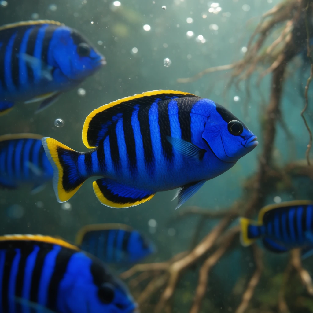 Vibrant cobalt blue fish with bold black vertical stripes and bright yellow fin edges swim through a softly lit underwater environment. Cinematic light filters through murky teal water, illuminating suspended bubbles. A shallow depth of field keeps the central fish in crisp macro focus while beautifully blurring the surrounding school and tangled brown roots in the deep background.