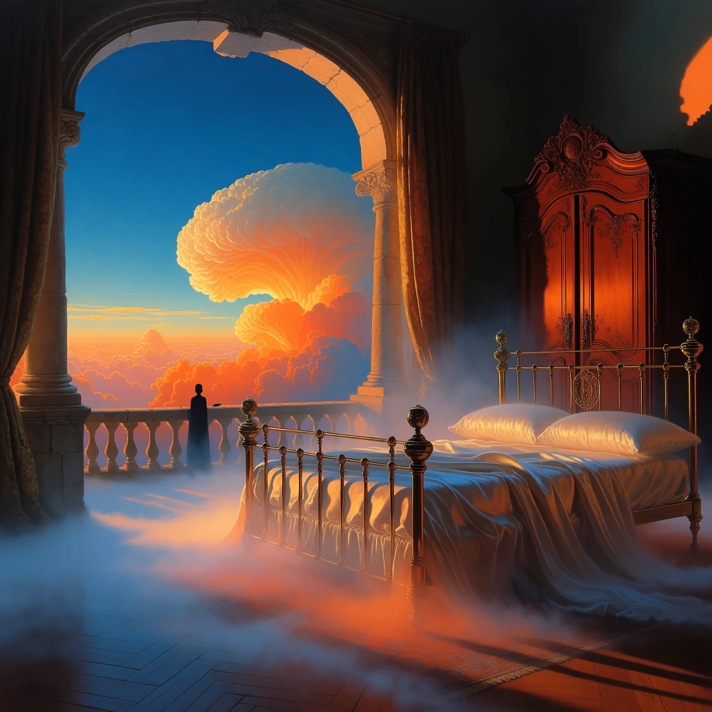 surrealist digital painting, ornate brass bed in the foreground with silk sheets dissolving into ethereal low-hanging mist, a towering carved mahogany wardrobe on the right, open stone balcony on the left overlooking a vast horizon of cauliflower-shaped orange clouds against a deep cerulean sky, high-contrast golden hour side-lighting, magical realism, smooth painterly gradients, sharp hyper-detailed textures, dreamlike perspective, moody and serene, atmospheric depth, whimsical atmosphere.