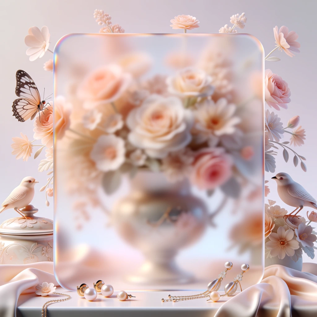 glassmorphism aesthetic 3d digital render, a large central frosted glass panel with rounded corners and subtle refractive edges, behind the glass is a large vase of flowers with heavy gaussian blur and soft bokeh, a butterfly on a top-left flower, a bird on a decorative jar to the left, another bird on flowers to the right, foreground jewelry and draped fabric, monochromatic pastel peach and blush pink palette, diffused ethereal high-key lighting, satin textures, minimal soft shadows.