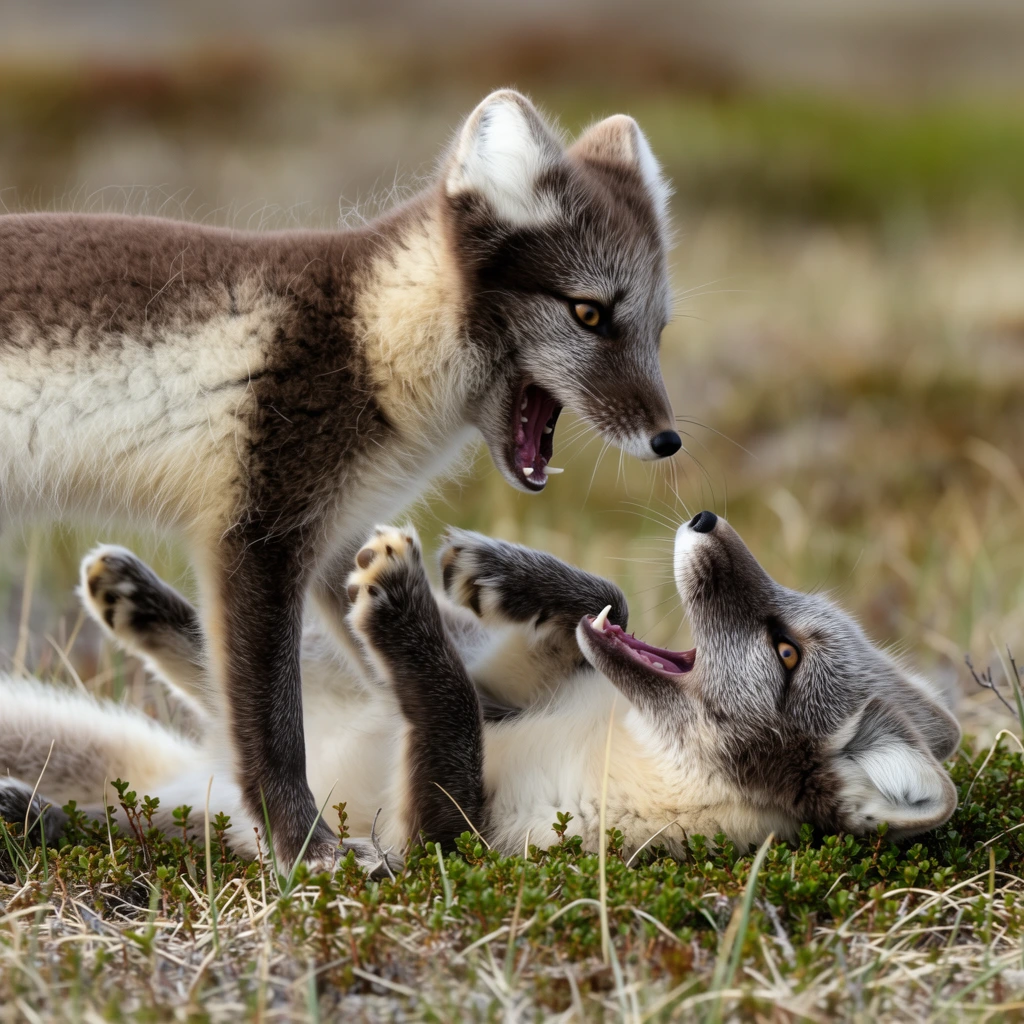 Two Arctic fox kits in brown and cream summer coats playfully wrestle on a grassy tundra. The standing fox leans forward with its mouth wide open in a mock bite, gazing down at its sibling. The second fox lies on its back among low green shrubs and dry grass, looking up with jaws apart and front paws raised defensively. Shot with a shallow depth of field, this wildlife photography blurs the earthy background to emphasize the sharp fur textures and dynamic interaction in natural daylight.