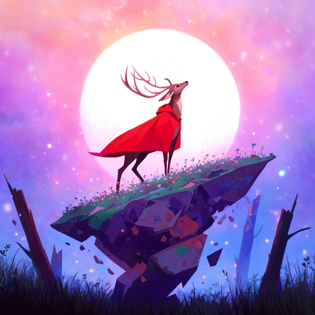A stylized stag figure in a red cloak stands on a floating, fractured rock dusted with tiny flowers. The antlered creature tilts its head upward against a massive, glowing white orb. Dark grass and broken tree trunks silhouette the foreground. The sky is an ethereal gradient of pink, purple, and blue, filled with luminous particles. The 2D digital illustration features strong backlighting and a vivid, dreamlike fantasy aesthetic.