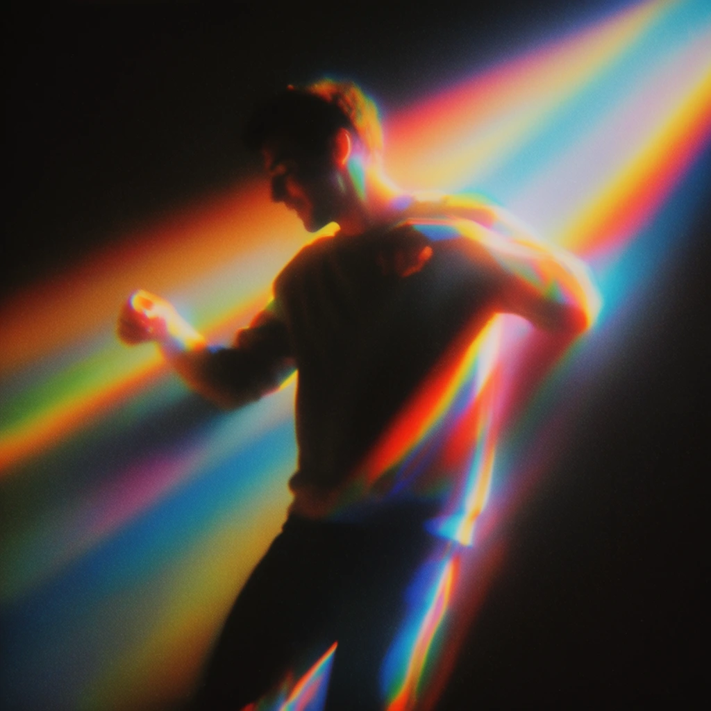 A man dancing in a cellar, heavily silhouetted against a pitch-black background and pierced by a vivid, diagonal beam of prismatic rainbow light. The intense spectral lighting creates dramatic chromatic aberration, casting glowing, saturated gradients of neon red, yellow, cyan, and blue along the edges of the dancer's dynamic form. The surrounding cellar environment is shrouded in deep, high-contrast shadow. The entire composition features heavy, textured film grain, a soft-focus optical blur, and ethereal light refraction, rendering the scene with a luminous, retro-cinematic glow and extreme color separation against the pure dark void.