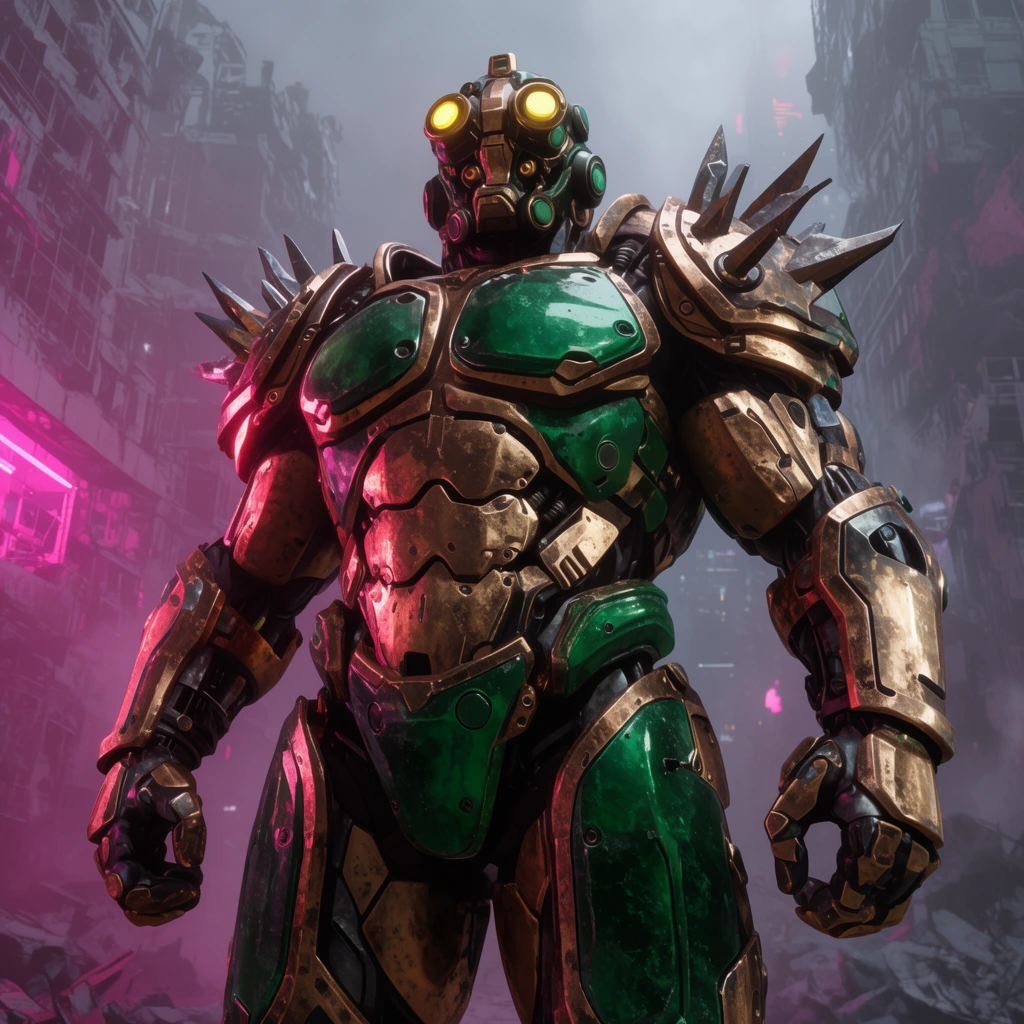 massive cybernetic gladiator, heavy bronze and emerald green armor plating, glowing yellow optical sensors, jagged metallic shoulder spikes, standing in a destroyed futuristic metropolis, thick fog, neon pink ambient lighting, dramatic cinematic low angle, highly detailed 3D render