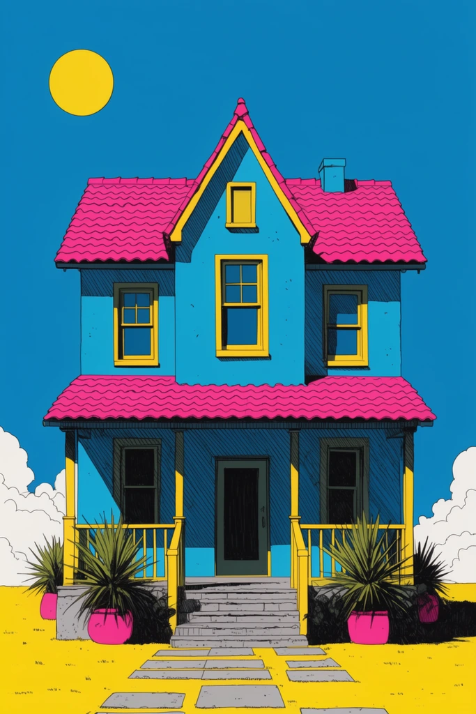A bright cyan two-story house with vivid pink tiled roofs and yellow window frames, rendered in a crisp comic book style with bold black outlines and flat saturated colors. A porch with yellow railings and stone steps is flanked by spiky plants in pink pots. The structure sits on a stark yellow lawn with gray paving stones. The background is a solid blue sky with a yellow sun and stylized white clouds near the horizon, accented by sharp hatched shadows.