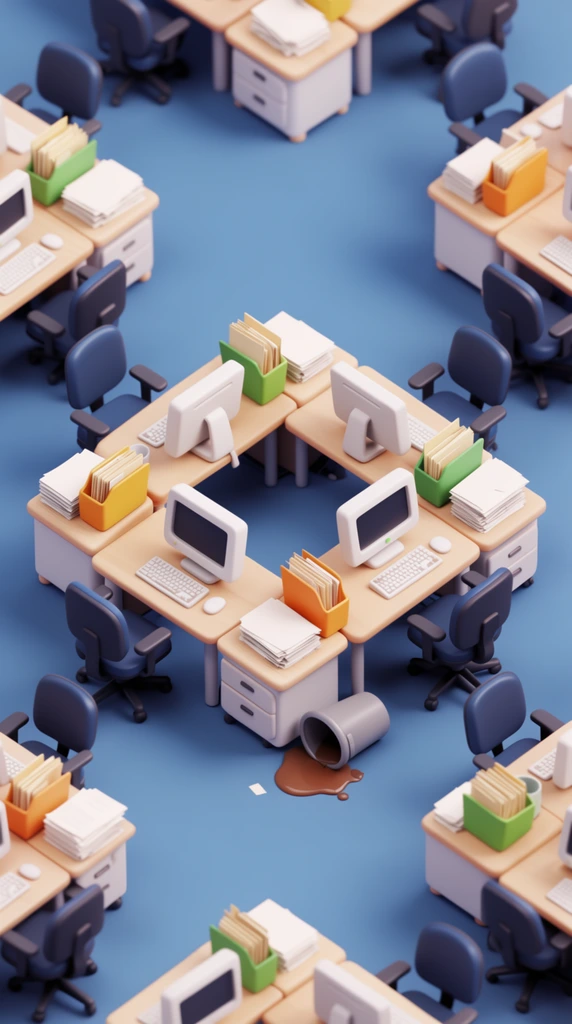 isometric 3D render of an open plan office pod, four light wood desks forming a hollow square, dark blue swivel chairs, thick white computer monitors, keyboards, neat stacks of paper, orange yellow and green desktop organizers holding beige folders, knocked-over grey trash can spilling a brown puddle on a solid blue floor, surrounding desk clusters, smooth matte materials, miniature diorama aesthetic, soft ambient lighting, clean stylized 3D modeling, pastel corporate color palette, elevated high angle perspective
