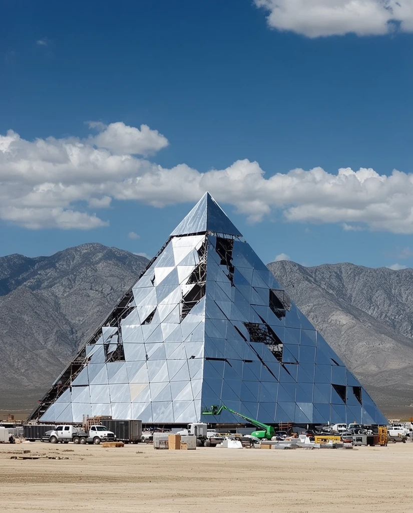A massive metallic pyramid under construction sits on a flat arid plain. The geometric structure comprises highly reflective silver triangular panels, with scattered gaps exposing a dark inner framework. Heavy machinery, including white trucks, trailers, and a green boom lift, clusters around the base alongside building materials. A towering, rugged gray-brown mountain range spans the background. Bright midday sunlight illuminates the scene under a vibrant blue sky with scattered cumulus clouds, sharply contrasting sleek futuristic architecture against barren organic terrain.