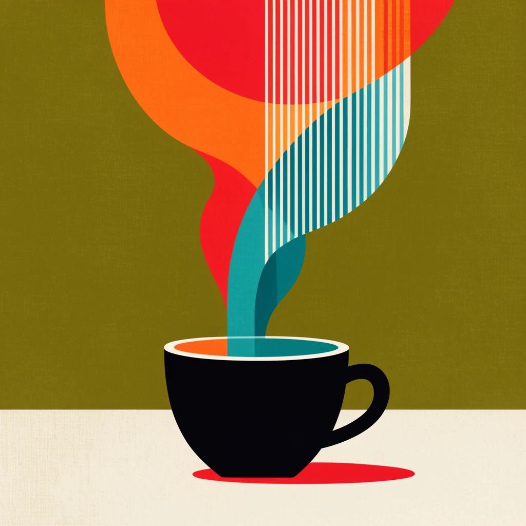 A black cup on a cream surface emits vibrant abstract steam against an olive background. Overlapping geometric curves and vertical stripes in orange, red, teal, and white form the rising plume. The flat retro illustration features sharp color blocking and subtle canvas textures.