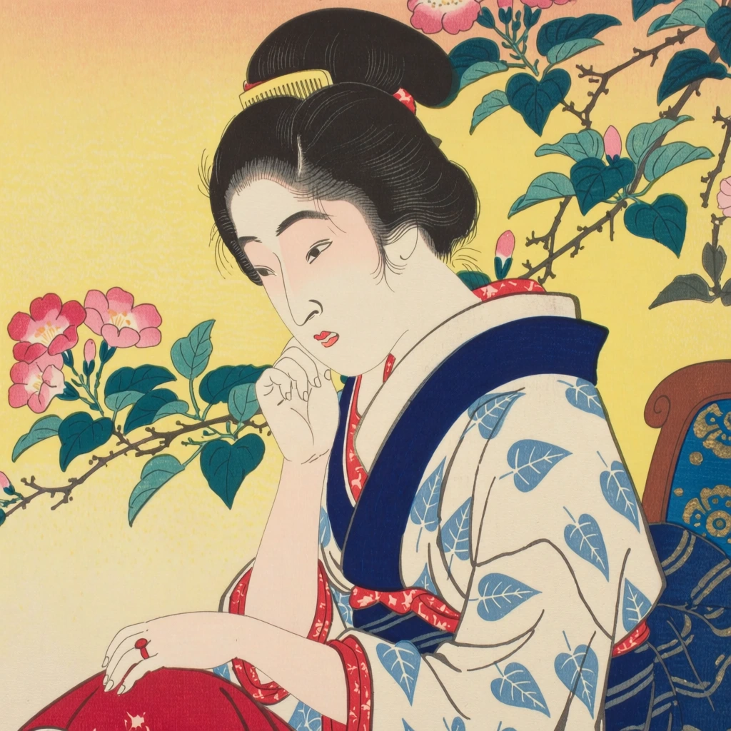 This Japanese woodblock print features a woman with pale skin and black hair styled in a traditional updo, adorned with a small yellow comb on the side. Her face is characterized by slender, dark eyebrows, almond-shaped eyes looking downward with a pensive expression, and small, vibrant red lips. She is dressed in a white kimono decorated with blue heart-shaped leaf patterns and dotted navy-blue borders. Her right hand is raised slightly toward her chin, while her left arm rests across her lap, showing a glimpse of a red ring on her finger. The woman is positioned in the foreground, with her body angled slightly to the right and her head turned toward the left. Behind her, thin brown branches with clusters of green leaves and small pink blossoms with dark centers crisscross against a solid, matte yellow background. To the far right, a small portion of a blue chair or screen with gold patterns is visible. The artistic style is characterized by clean, delicate black outlines, a flat perspective, and a refined color palette of white, yellow, green, and blue. The lighting is even and diffused, typical of the shin-hanga or ukiyo-e print style, emphasizing the smooth textures and intricate patterns of the clothing and foliage.