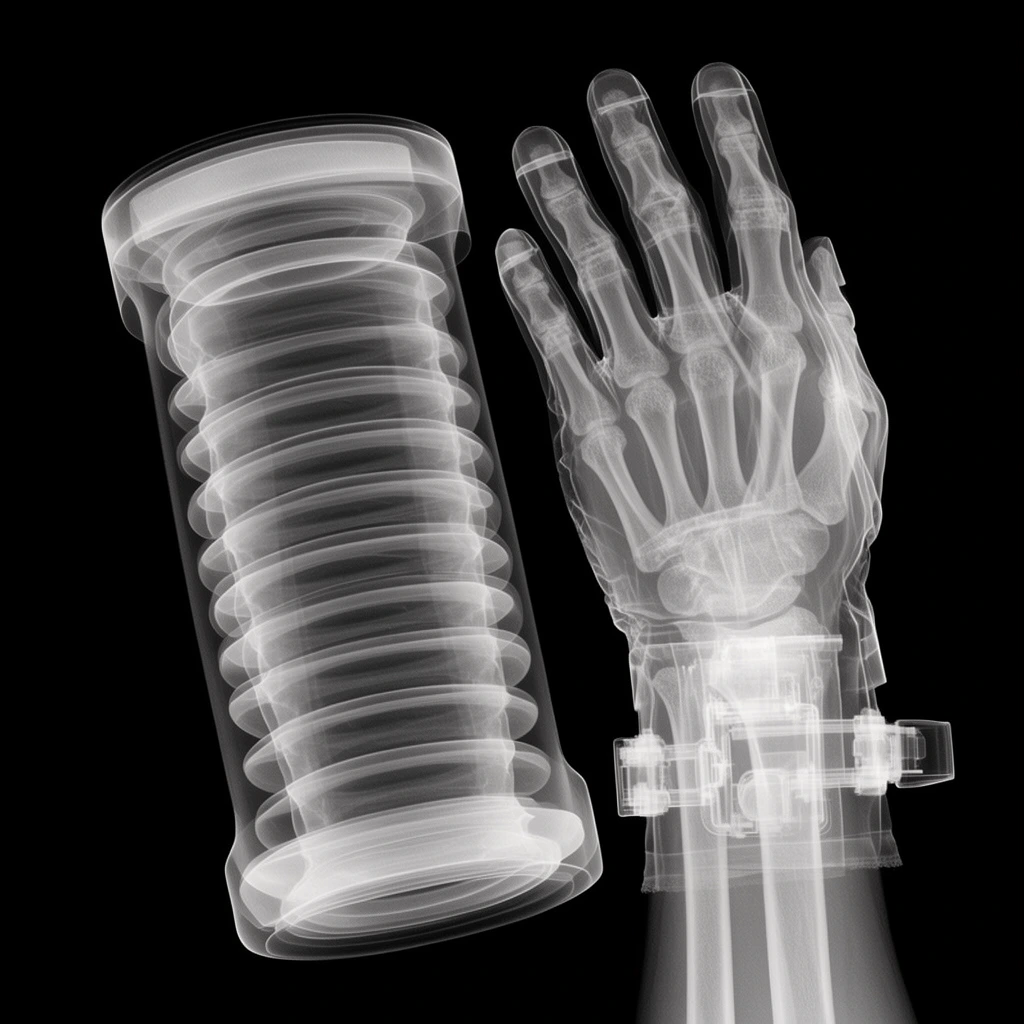 X-ray of a ribbed cylinder and a mechanical gloved hand, translucent glowing white layers against pitch black, visible internal joints and wrist hardware, high contrast monochromatic