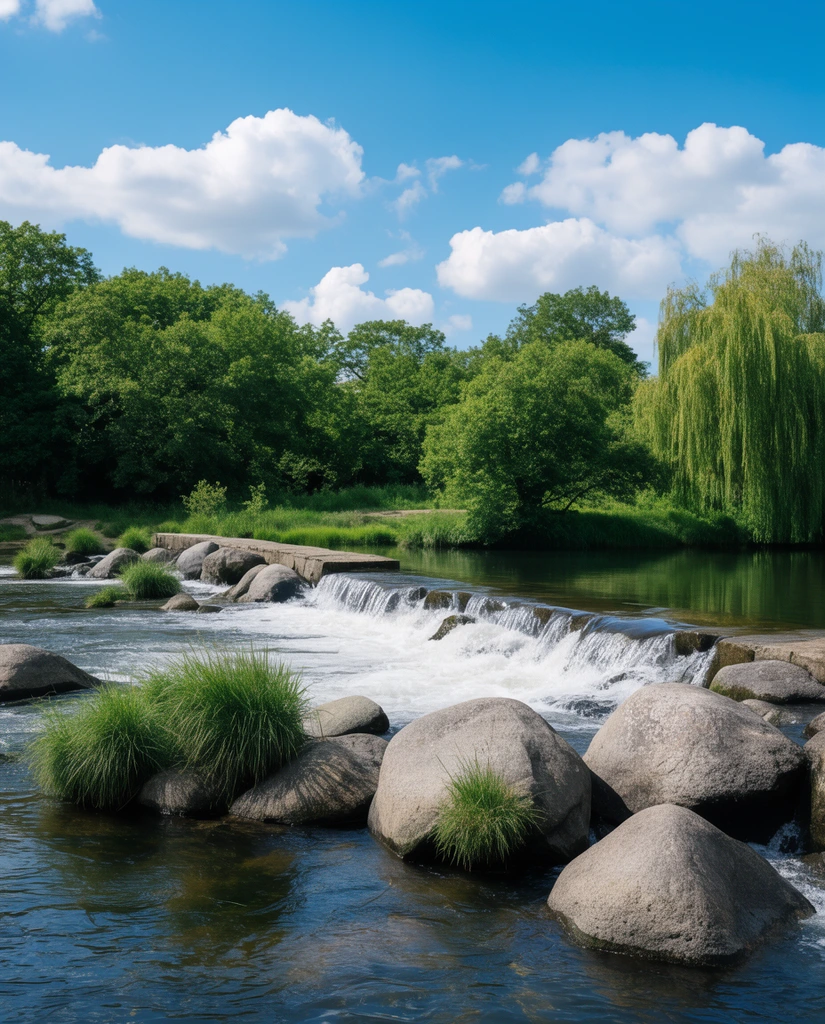 landscape photography, river cascading over a small stone weir, large smooth grey boulders, tufts of green grass, foaming water, lush green trees, weeping willow, clear blue sky, fluffy white clouds, bright natural daylight, crisp focus