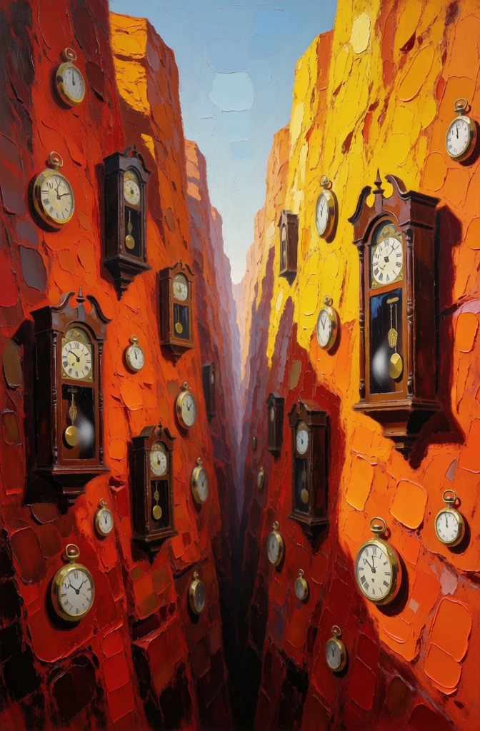 oil painting style with thick impasto brushstrokes and heavy palette knife texture, deep orange canyon walls, various ornate wooden grandfather clocks and gold pocket watches fixed to the rock, all pendulums swinging in perfect unison with soft motion blur, vibrant saturated color palette, high contrast graphic lighting, minimalist composition, surreal and atmospheric mood, echoing sound represented by subtle painterly ripples in the air, expressive hand-painted aesthetic.