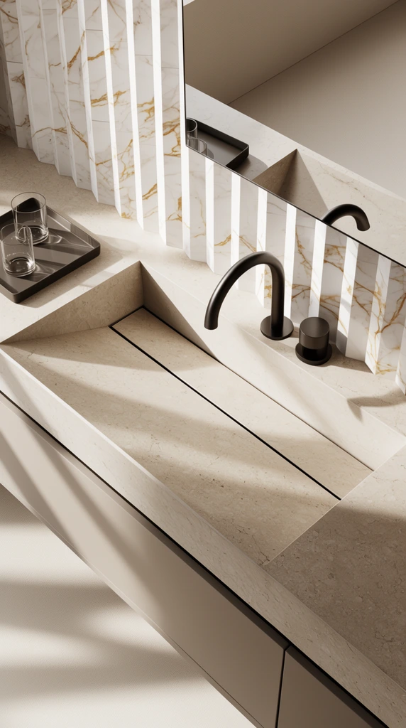 modern minimalist vanity, beige stone countertop, integrated ramp sink, linear drain, matte black gooseneck faucet, white marble zigzag backsplash, gold veining, two clear glasses on dark tray, floating design, geometric shadows, natural light