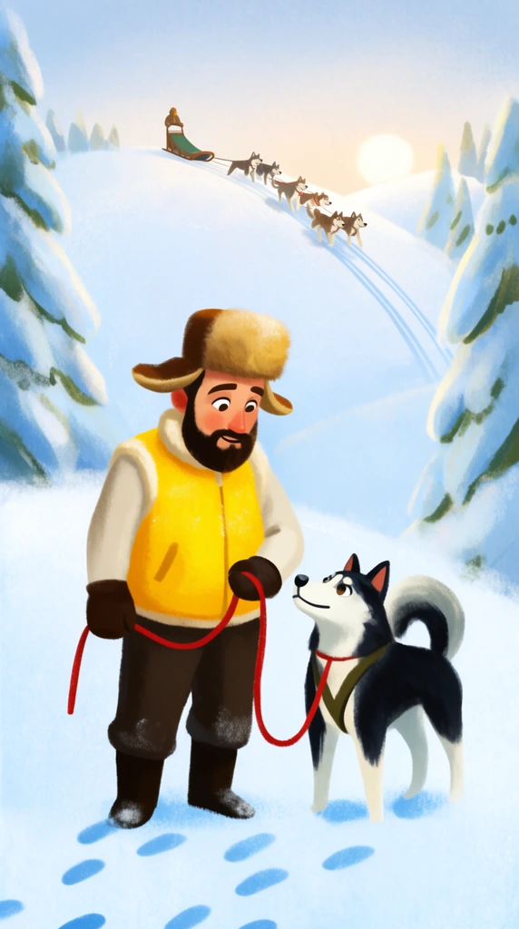 A stylized digital painting of a bearded man in a bright yellow vest and fur trapper hat walking a black-and-white husky through a snowy landscape. Holding a red leash, he looks affectionately down at the dog. A distant dog sled team descends a rolling hill toward a pale, low sun. Soft textures, blue footprints, and snow-laden pine trees frame this whimsical, painterly winter scene.