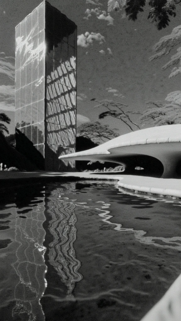 high-grain black and white film photography, a towering glass monolith beside a sinuous low-slung pavilion, distorted architectural reflections in a dark pool, stark chiaroscuro lighting, heavy silver halide grain, overexposed highlights on glass, hazy silhouettes of trees, gritty cinematic noir atmosphere, high-contrast monochromatic tonality, tactile analog aesthetic, minimalist framing, ethereal dreamlike quality, moody modernist urban landscape, deep shadows, soft-focus grain.