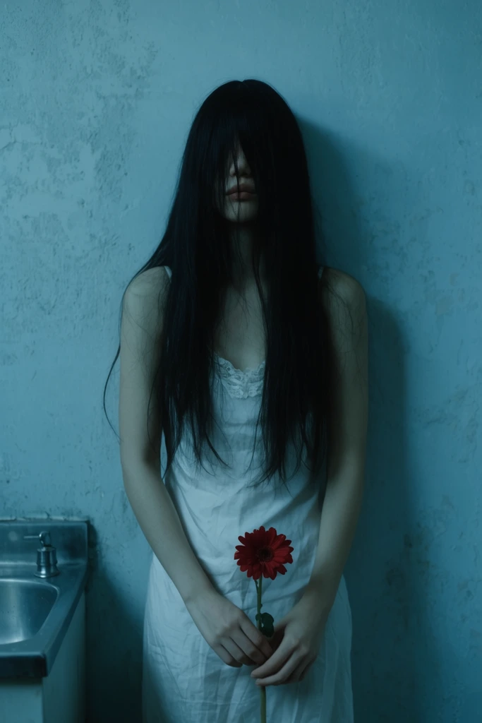 young woman with long black hair obscuring her face, white slip dress, holding a single red flower, leaning against a textured blue wall, bleak room with a metallic sink, cool cyan color grading, haunting cinematic portrait