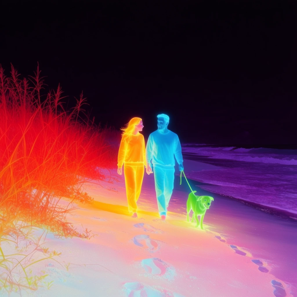 A couple walks a dog along a beach under a pitch-black sky, rendered in a surreal neon thermal-imaging aesthetic. The woman glows radiant yellow and orange, the man emits bright cyan, and their dog shines lime green. To the left, tall beach grass blazes fiery red. The sand forms a pastel pink and white gradient marked by footprints, meeting deep purple ocean waves on the right.