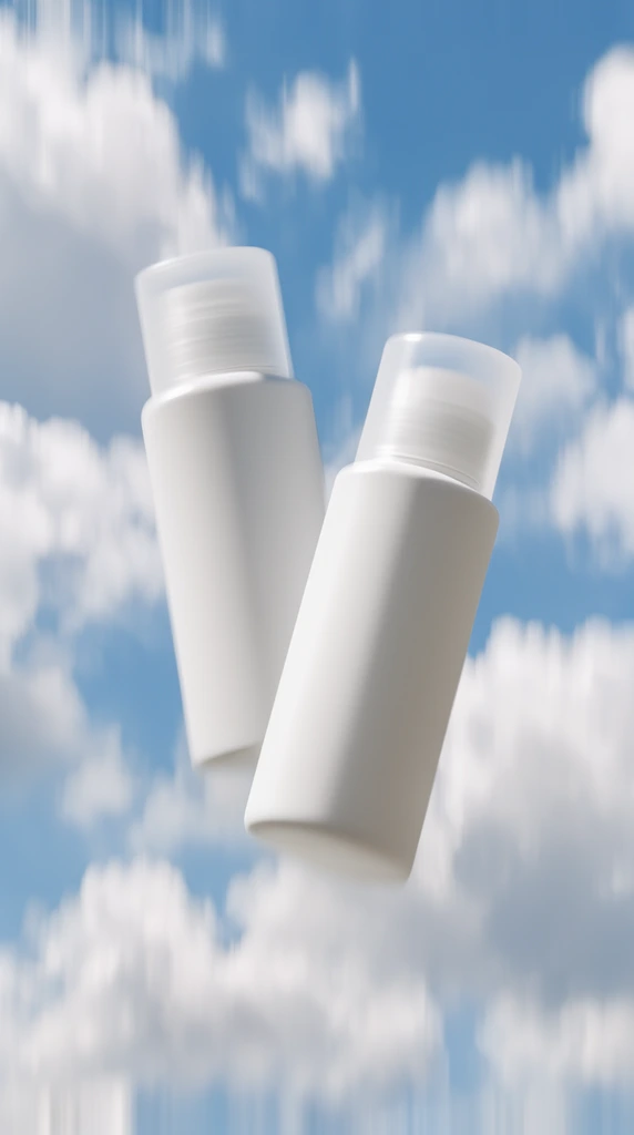 Two white cylindrical bottles with frosted caps floating in mid-air, bright blue sky background, soft white cumulus clouds, strong vertical motion blur, overlapping forms, slight diagonal tilt, clean minimalist aesthetic, natural bright daylight, soft shadows, ethereal atmosphere, dynamic movement, commercial product photography style