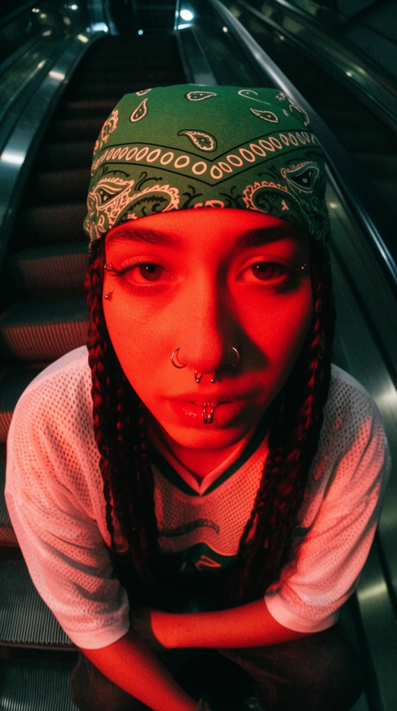 A fisheye close-up of a person with braided hair and facial piercings leaning forward. They wear a green paisley bandana and a white mesh jersey. Intense red gel lighting illuminates their face against deep shadows. The background is a dark, blurred urban setting with ribbed metal escalator stairs, shot with a gritty, high-contrast streetwear aesthetic and heavy film grain.