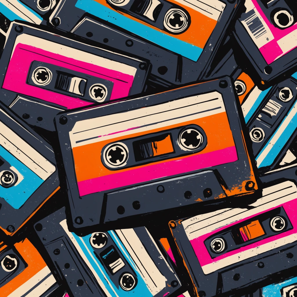 A dense pile of retro audio cassette tapes fills the frame in a vibrant pop-art illustration. Overlapping tapes feature bright labels in cyan, hot magenta, and bold orange against dark charcoal plastic housings with visible spools. The tightly cropped composition creates a chaotic geometric pattern. The graphic artwork employs a distressed vintage aesthetic with heavy black outlines, stark block shading, and scattered texture simulating a worn silkscreen print.