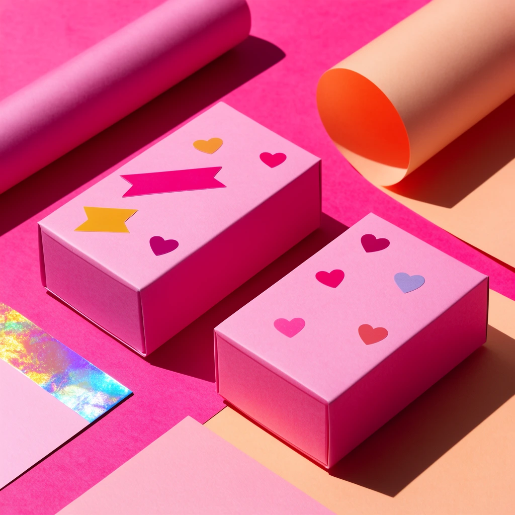 A vibrant still-life of geometric packaging on a split hot pink and peach surface. Two rectangular pink boxes sit among cylindrical tubes, flat cards, and curled paper. One box features small heart and banner decals, while a nearby card displays a shimmering iridescent foil accent. Harsh directional studio lighting casts sharp diagonal shadows, creating a bold pop-art aesthetic.