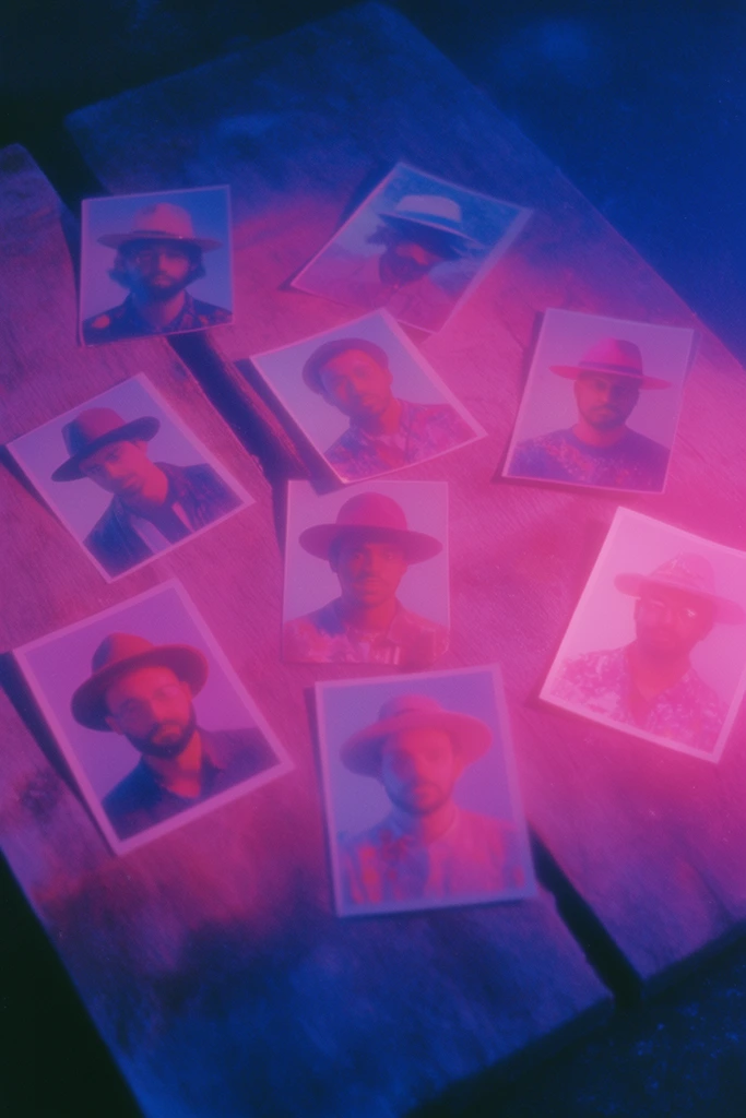 Nine photos of men wearing hats scattered across textured wooden boards, bathed in intense, hazy neon magenta and deep ultraviolet blue lighting. The physical photographs rest on the wood grain, their printed subjects illuminated by the saturated, directional neon glow that washes over the entire scene. A dreamlike, ethereal atmosphere permeates the composition, characterized by a soft focus, prominent analog film grain, and heavy halation around the luminous pink highlights. Deep, inky blue shadows create a high-contrast, cinematic environment, reminiscent of vintage film photography captured under vivid neon illumination. The surface of the boards and the finish of the prints reflect the striking pink and blue light, unifying the scattered elements in a moody, low-fidelity, hyper-saturated aesthetic.