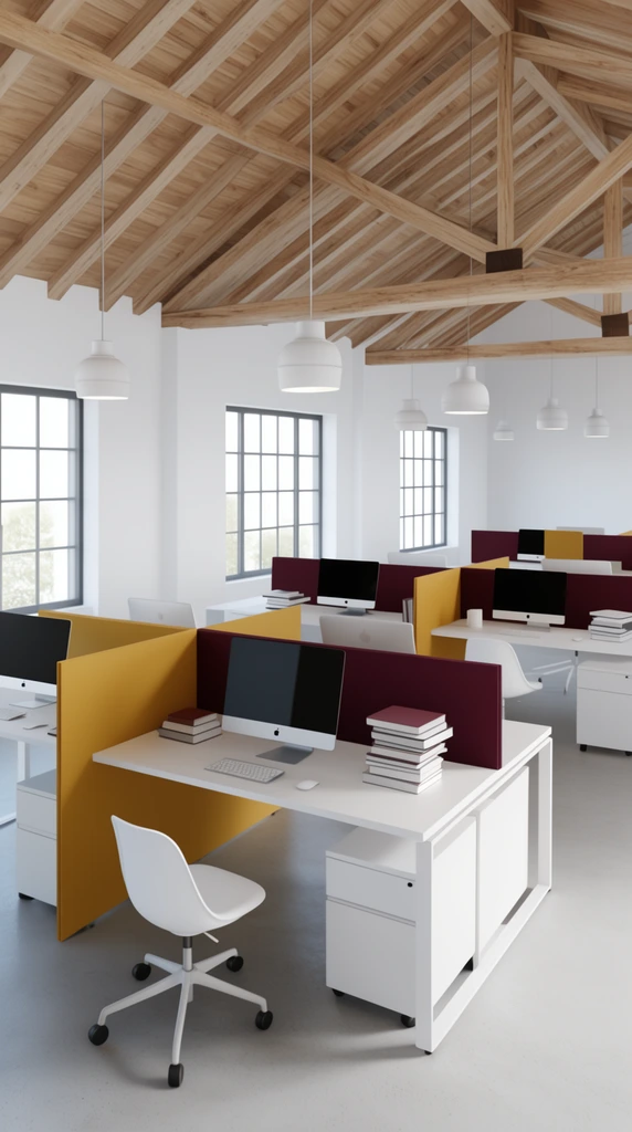 High-angle 3D rendering of a modern open office. Mustard yellow and burgundy partitions divide white desks with silver monitors, keyboards, and stacked books. White swivel chairs sit under a vaulted wooden ceiling with exposed rafters and pendant lights. Clean, bright daytime lighting.
