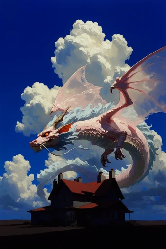 Nostalgic Surrealist Skies style reference image — dramatic low angle perspective