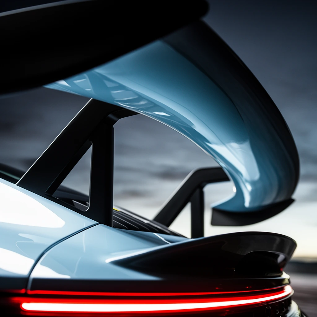 A close-up, low-angle view captures the complex aerodynamic rear wing of a high-performance sports car against a twilight sky. A massive curved upper spoiler with a glossy pale blue surface is suspended by thick, angular matte black top-mounted struts. Below this structure, a secondary sculpted spoiler merges cleanly into the sleek bodywork. A brilliantly glowing, continuous thin red LED taillight stretches horizontally across the bottom edge, glowing intensely amidst deep shadows. The cinematic automotive photography employs a shallow depth of field to blur the overcast gradient sky, which transitions from dark slate to a pale glowing horizon line, sharply emphasizing the sweeping contours, striking highlights, and metallic reflections of the vehicle's sweeping profile.