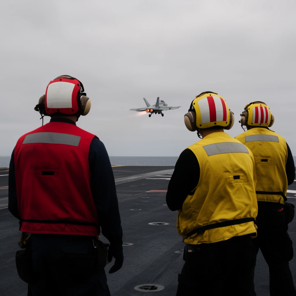 Three crewmen in high-visibility red and yellow gear stand on a dark gray aircraft deck watching a distant fighter jet launch. The left figure wears a red vest and helmet with ear guards. Two figures on the right wear yellow vests and striped helmets. The jet accelerates toward a muted gray sky with glowing afterburners. The wide shot contrasts vibrant safety gear against the stark, overcast ocean horizon.