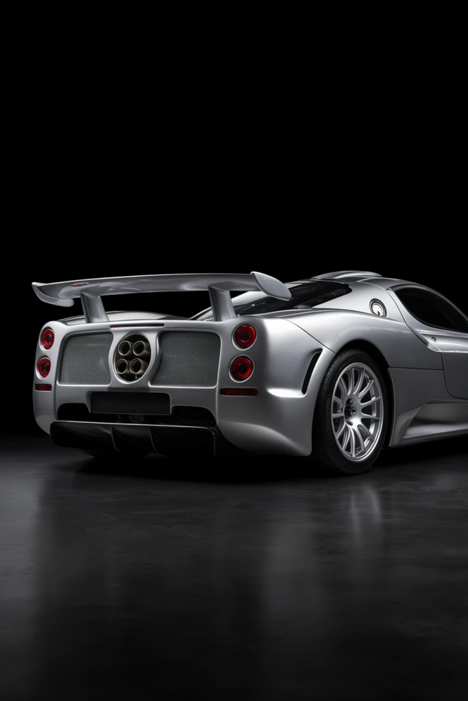 Sleek silver mid-engine supercar, rear three-quarter view, dramatic low-key studio lighting, prominent rear wing spoiler, central quad exhaust pipes clustered in a circle, vertically stacked round red taillights, mesh rear grille, flared rear fenders, low aerodynamic profile, silver multi-spoke alloy wheels, highly reflective metallic body, pitch black background, dark smooth reflective floor, high contrast, professional automotive product photography