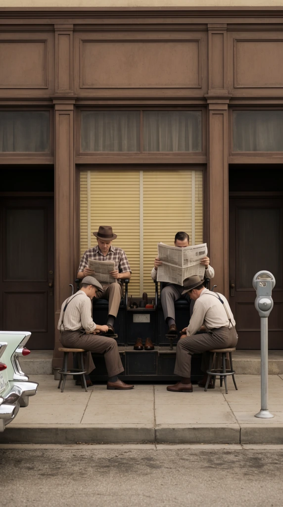 Four men occupy a vintage outdoor shoe shine stand situated on a concrete sidewalk against a brown paneled storefront. Two customers sit in elevated chairs reading newspapers; one wears a plaid shirt and brown fedora, while the other is fully shielded behind a wide open broadsheet. Facing them on lower stools, two workers lean forward to polish their leather shoes, dressed in casual mid-century attire including suspenders, a flat cap, and a fedora. The symmetrical backdrop features a large central window with drawn yellow blinds, neatly flanked by two dark recessed wooden doors. A silver parking meter on the right and a classic car chrome tailfin on the left frame the scene. The wide cinematic composition features a muted, warm palette of browns, tans, and greys under soft natural daylight.