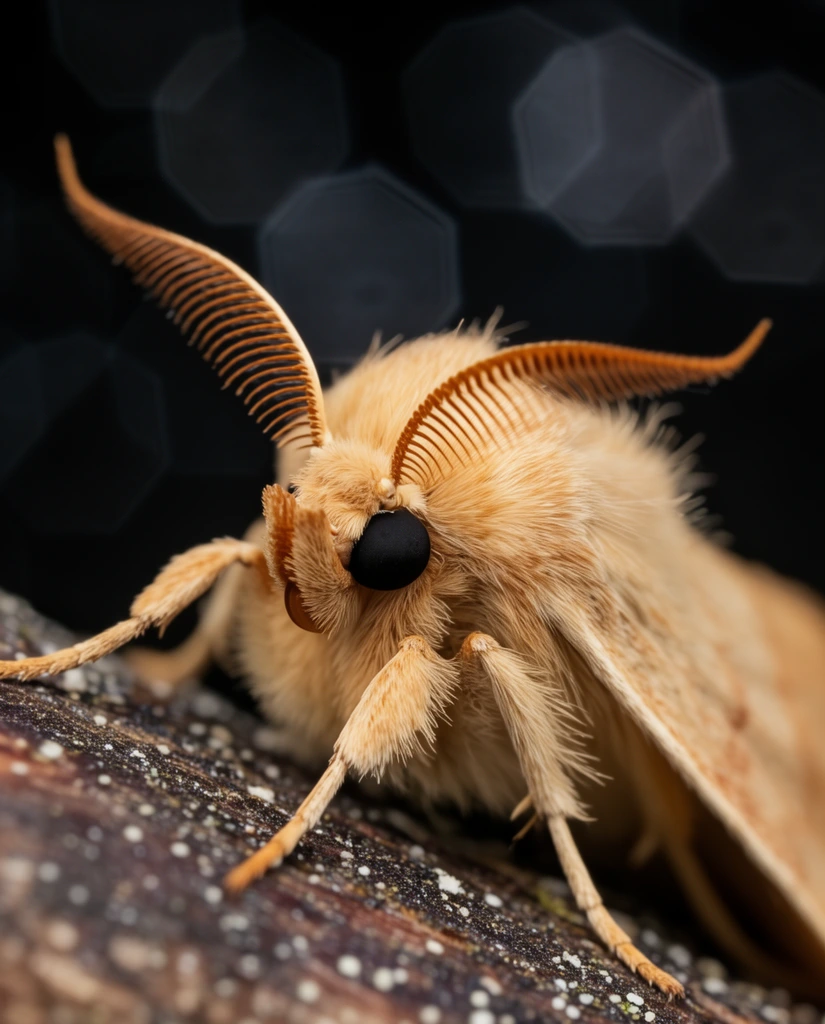 macro photograph of a fuzzy tan moth, prominent feathery antennae, black compound eye, resting on dark speckled wood, sharp focus on hairy body, shallow depth of field, dark background, hexagonal bokeh