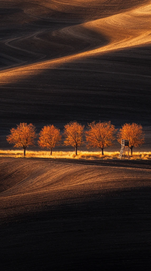Five golden-orange autumn trees stand in a row along a sunlit ridge, contrasting against undulating hills of dark plowed earth. Dramatic golden hour lighting creates sweeping shadows that emphasize the smooth, wavelike curves of the terrain. A small wooden ladder stand rests against the rightmost tree. This minimalist landscape photography uses telephoto compression to highlight a rich textural palette of deep browns, radiant golds, and stark blacks.