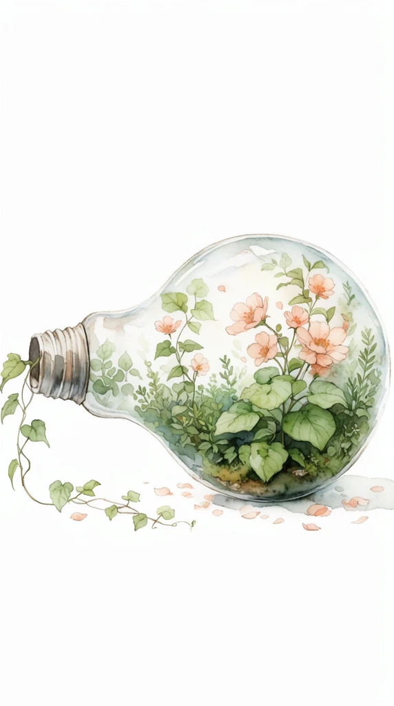 horizontal glass lightbulb terrarium, watercolor illustration, interior filled with lush green foliage and delicate peach flowers, trailing vine extending outward, scattered petals, soft pastel colors, delicate ink linework, white background