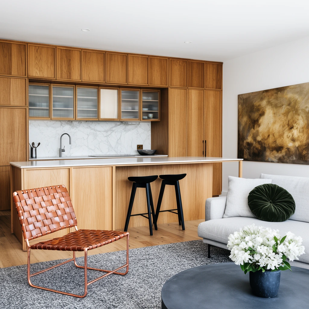 A modern open-plan interior defined by floor-to-ceiling warm oak cabinetry with an inset kitchen featuring a white marble backsplash, ribbed glass upper doors, and two black bar stools. In the foreground living space, a distinctive copper-framed chair with a woven leather seat rests on a textured grey rug. A round dark grey coffee table holding white flowers sits near a light grey sofa accented with a dark green tufted pillow. An earthy abstract painting hangs on the crisp white wall under bright, natural lighting.