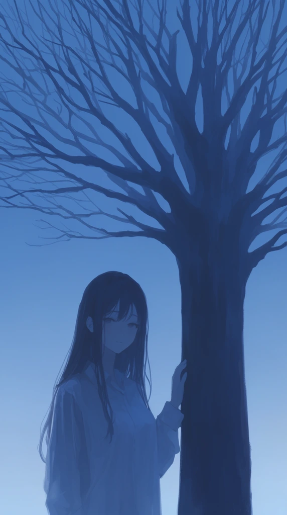Anime-style digital illustration of a young woman beside a large bare tree, monochromatic blue palette, atmospheric twilight vibe, long dark hair, loose collared shirt, hand resting on the dark trunk, serene melancholic expression, massive tree dominating the composition, sprawling intricate leafless branches, light blue gradient background, soft painterly shading, low contrast, minimalist composition