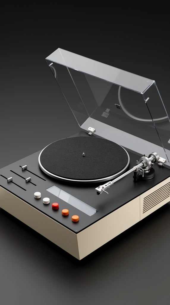 minimalist retro turntable console, matte black top plate, angled cream base, propped open transparent acrylic dust cover, circular platter with dark slipmat, silver tonearm, control panel featuring cylindrical white red and orange push buttons, linear slide controls, clear rectangular display window, rear louvered ventilation grills, seamless dark charcoal background, soft diffused studio lighting, high-angle perspective, crisp industrial product photography