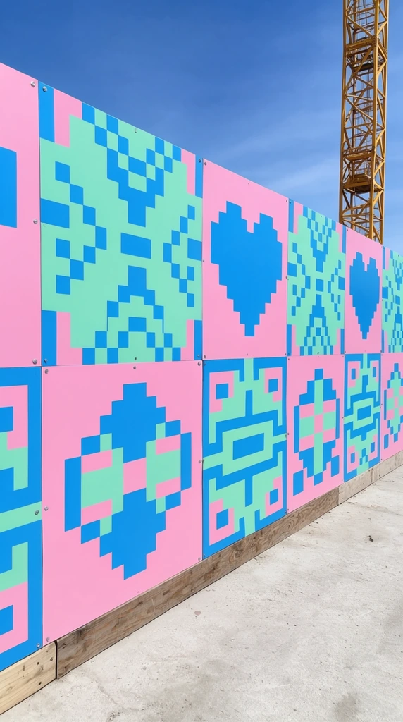 A vibrant outdoor construction barricade stretches diagonally under a bright blue sky, wrapped in a rhythmic mural alternating between solid bubblegum pink panels and intricate 8-bit pixel art sections. The pixelated areas use striking cerulean blue and mint green blocks to form large motifs, including a prominent stylized blue heart and symmetrical geometric shapes. The flat digital aesthetic contrasts with the physical setting, revealing silver mounting rivets, a rough wooden base resting on light grey concrete, and a yellow steel crane lattice towering in the right background. Sharp daylight illuminates the high-contrast pastel palette from a wide-angle perspective.