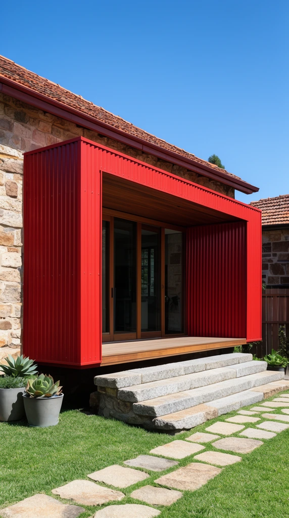 bright red corrugated metal cantilevered extension on a traditional stone building with clay tile roof, recessed wood deck, glass sliding doors, wide granite steps, stone slab walkway in green lawn, potted succulents, clear blue sky, bright daylight, architectural photography