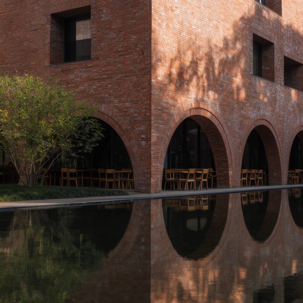 Corner view of a modern red brick building with repeating semi-circular arches beside a still reflecting pool, perfect water reflections forming complete circles, dark recessed glass windows, wooden cafe tables and chairs beneath the archways, small green tree to the left, dappled foliage shadows cast on the sunlit brick facade, warm natural lighting, architectural photography