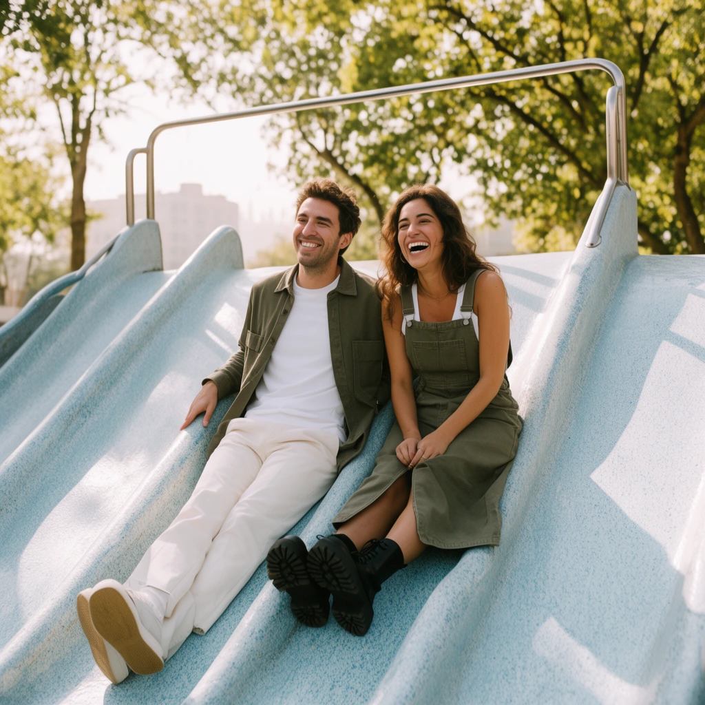 A joyful man and woman sit side-by-side atop a wide, textured pale-blue playground slide bathed in warm sunlight. The man leans back in an olive-green overshirt, white t-shirt, and cream trousers. Beside him, the laughing woman wears an olive-green overall dress over a white top and chunky black boots. Metallic railings cast sharp shadows on the slide's curved surface. Captured in a candid, bright photographic style with a shallow depth of field, softly blurring the background canopy of green trees and a distant hazy building.