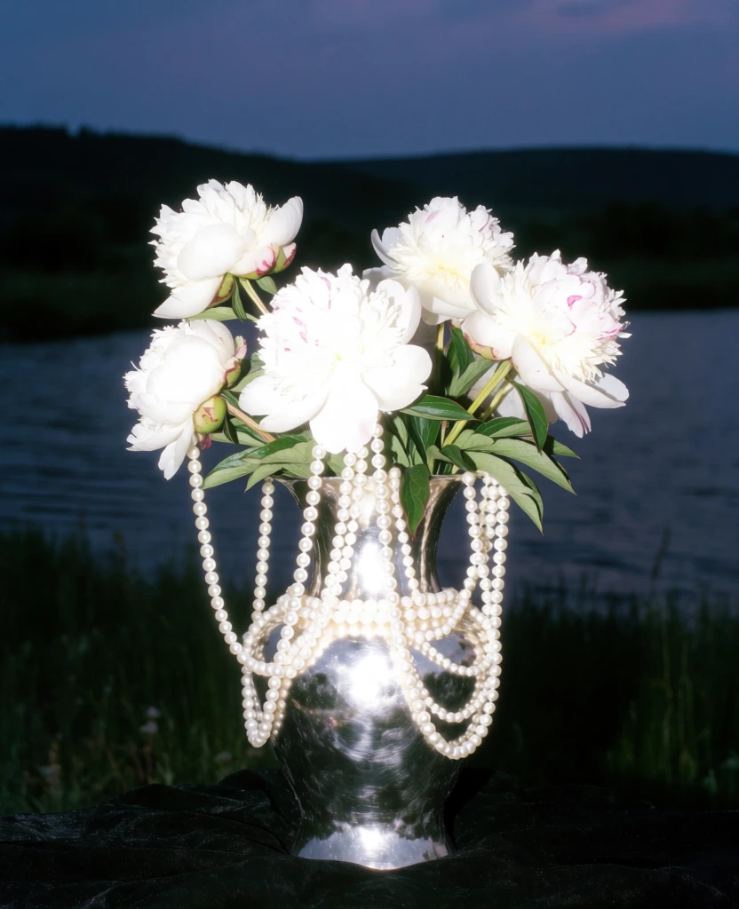 ultra-overexposed metallic vase filled with peonies and draped strands of pearls, intense blown-out white highlights from a harsh on-camera flash, centered in foreground, set against a deep indigo twilight sky over a dark body of water at dusk, horizontal streaks of vibrant motion-blurred rainbow light trails in yellow orange and pink cutting across the frame, lo-fi amateur aesthetic, raw flash photography, high contrast, surreal nocturnal atmosphere, dim grassy field