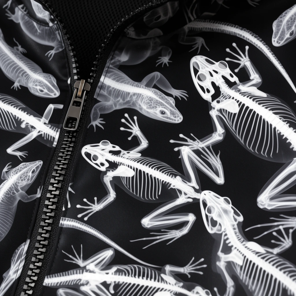 A smooth black garment features a high-contrast white pattern of densely overlapping animal skeletons. X-ray style anatomical illustrations of frogs, lizards, and small creatures intricately layer across the fabric. A chunky metal zipper runs vertically down the left side, partially open at the collar to reveal an interior black mesh lining. Sharp focus and even lighting highlight the stark monochromatic palette and complex organic line work.