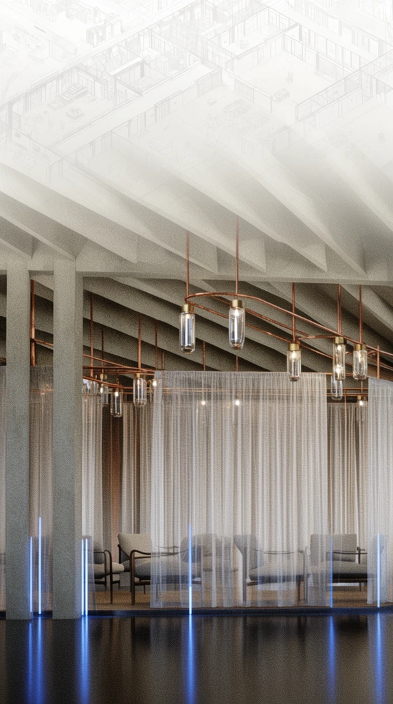 grainy architectural interior rendering, concrete support pillars, angled ceiling beams, cylindrical glass light fixtures on copper pipes, sheer curtains obscuring empty lounge chairs, dark reflective floor with vertical blue accent lights, faded isometric structural diagram overlays in the upper section