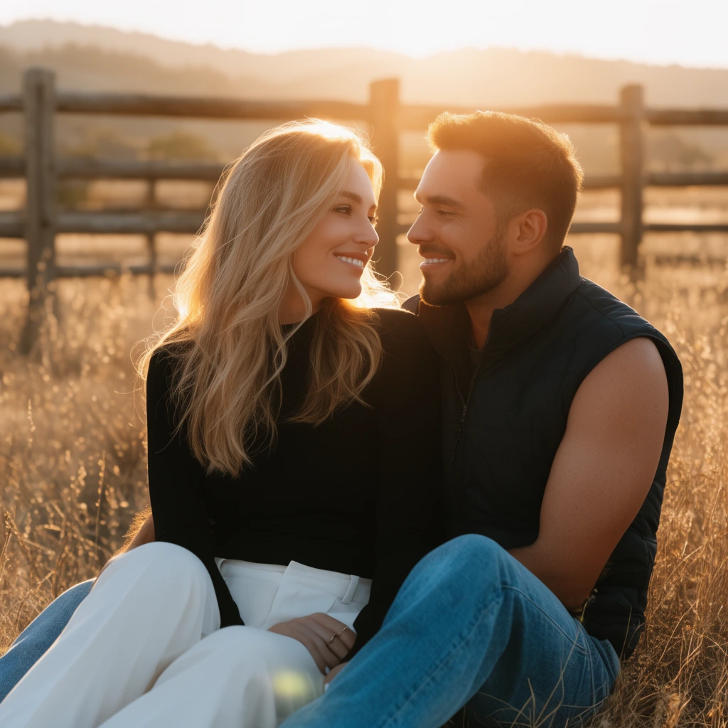 A smiling couple sits closely in a field of dry grass during golden hour. The woman, wearing a black top and white pants, looks affectionately at the man in a dark vest and blue jeans. Warm backlighting creates a glowing rim light around their hair, casting a soft lens flare over the blurred wooden fence and distant hills.