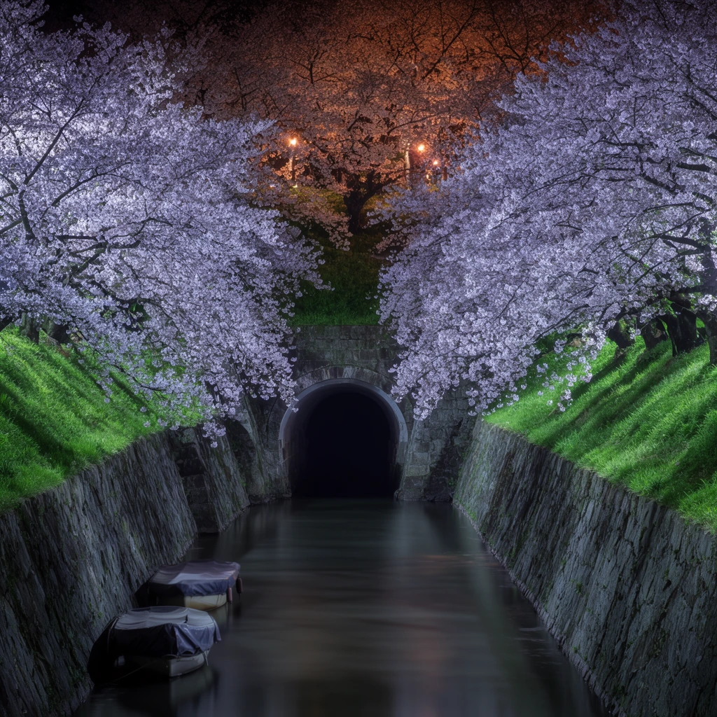 nighttime landscape of a narrow canal leading to a stone arched tunnel, framed by massive cherry blossom trees in full bloom leaning over the water, steep textured stone walls flanking the smooth dark channel, bright green illuminated grassy slopes above the walls, two small boats covered with dark tarps docked on the left, long exposure water reflecting faint light, cool purplish-white artificial lighting on foreground flowers, warm orange lights glowing in the background canopy, symmetrical composition, central perspective, long exposure photography