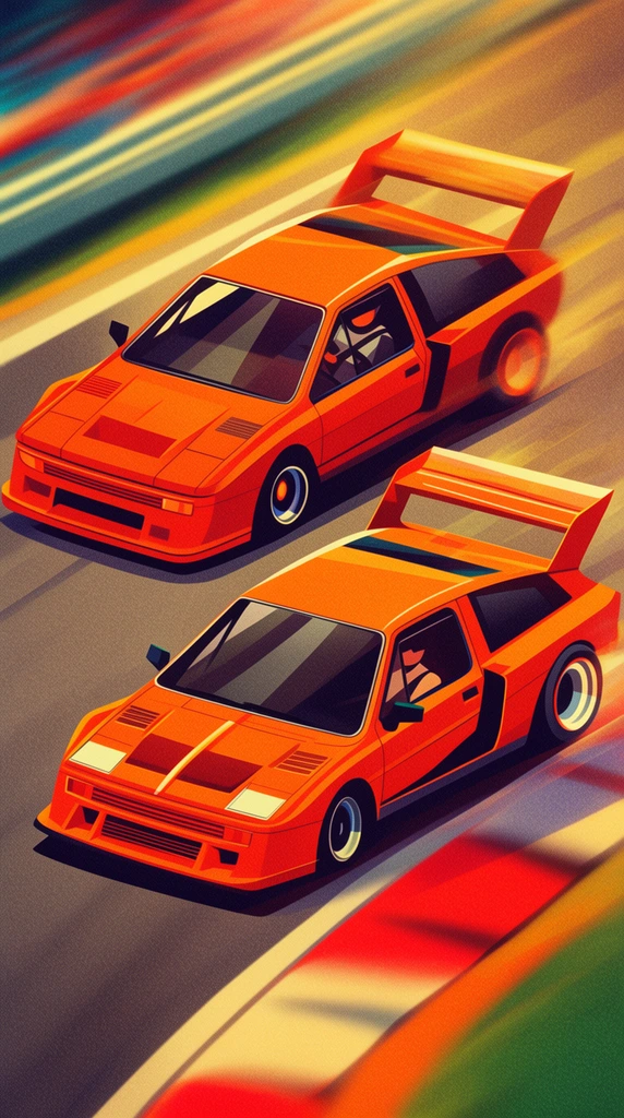 Two vintage wedge-shaped orange racing cars speeding on a track, large rear spoilers, intense motion blur, retro 80s vector illustration, grainy texture, warm lighting, dynamic diagonal composition, blurred colorful curbs