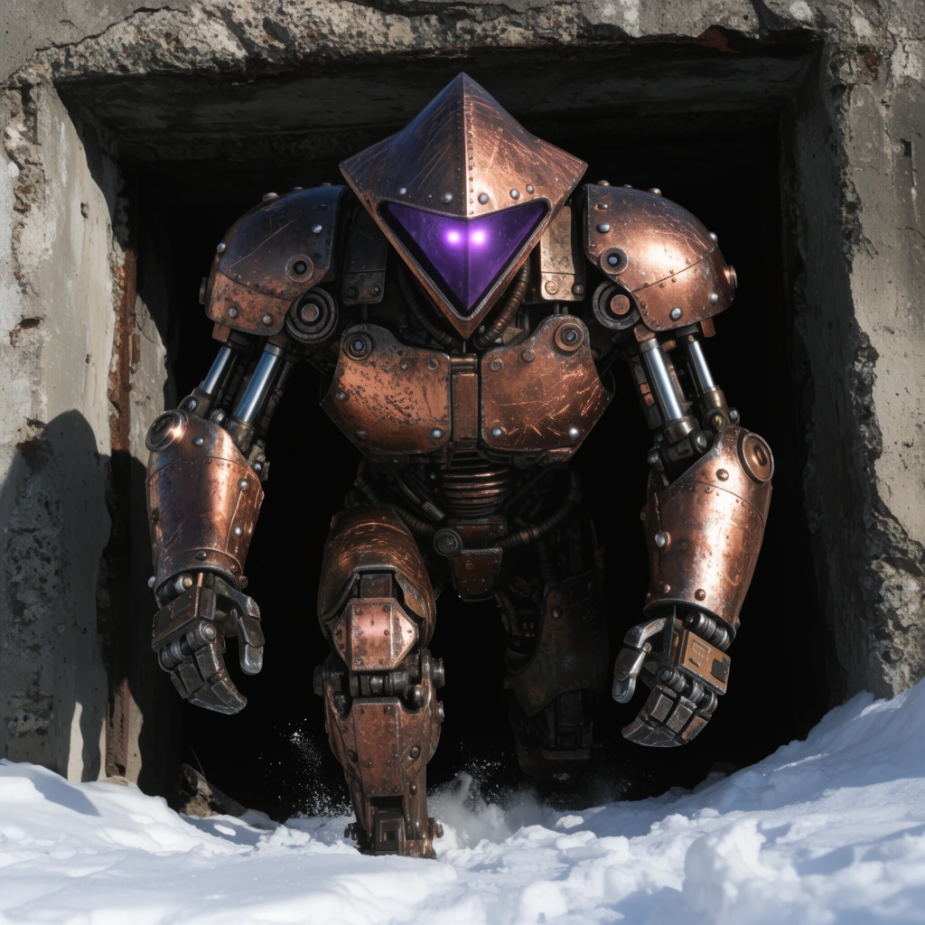 A massive dieselpunk cyborg emerges from the pitch-black doorway of a ruined concrete bunker into a bright snowy wasteland. The bulky machine features riveted copper and steel plating, heavy hydraulic pistons on its limbs, and a triangular helmet with a glowing purple visor. Harsh sunlight strikes the heavily scratched, textured metal surfaces, creating stark contrast against the dark background. A low camera angle emphasizes the intimidating weight and mechanical complexity of the figure.
